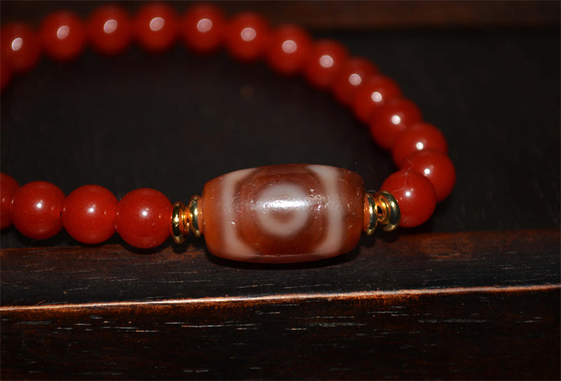 Ancient Tibetan Three Eyes Dzi Bead Amulet Himalaya 3 Eyed Pure Gzi Genuine Old Antique Agate Real Talisman Bracelet