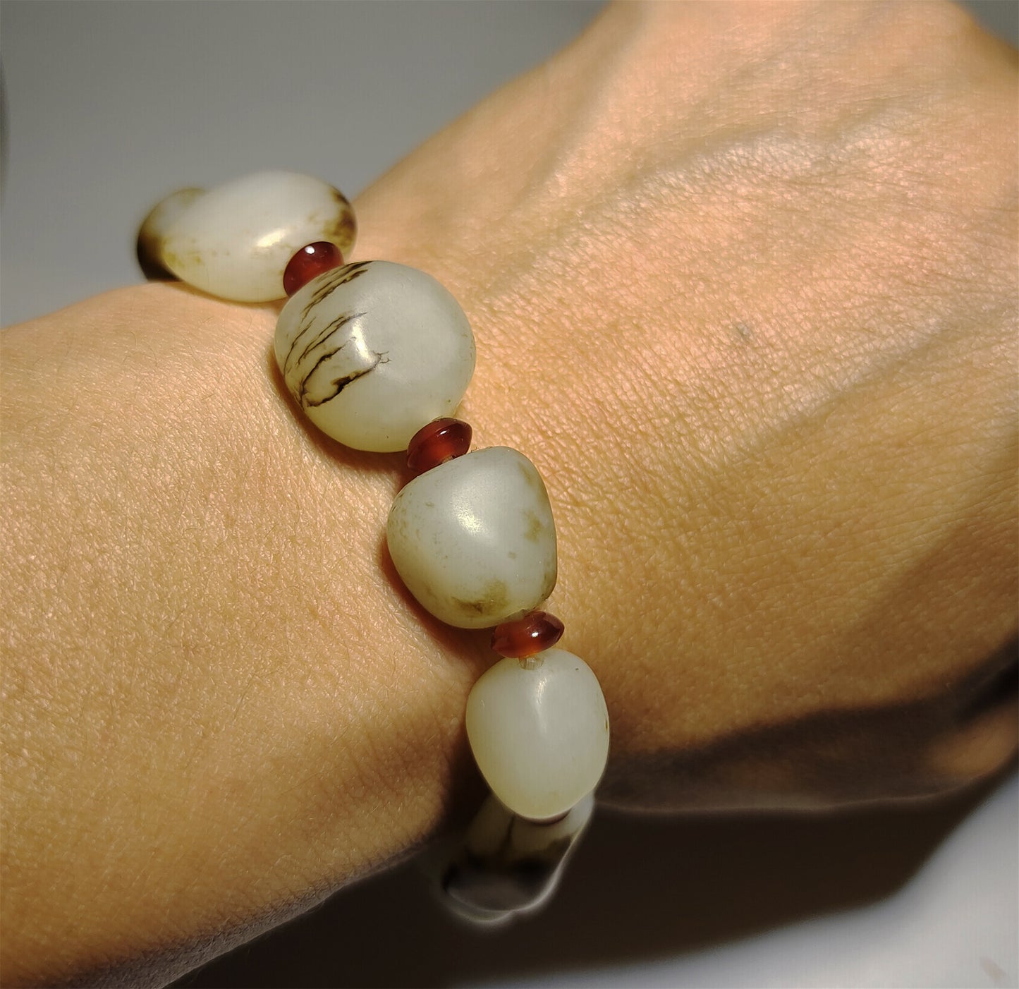 Genuine Chinese Antique White Hetian Jade Bracelet Natural Nephrite Mala Prayer Beads Real Hotan Old River Pebble