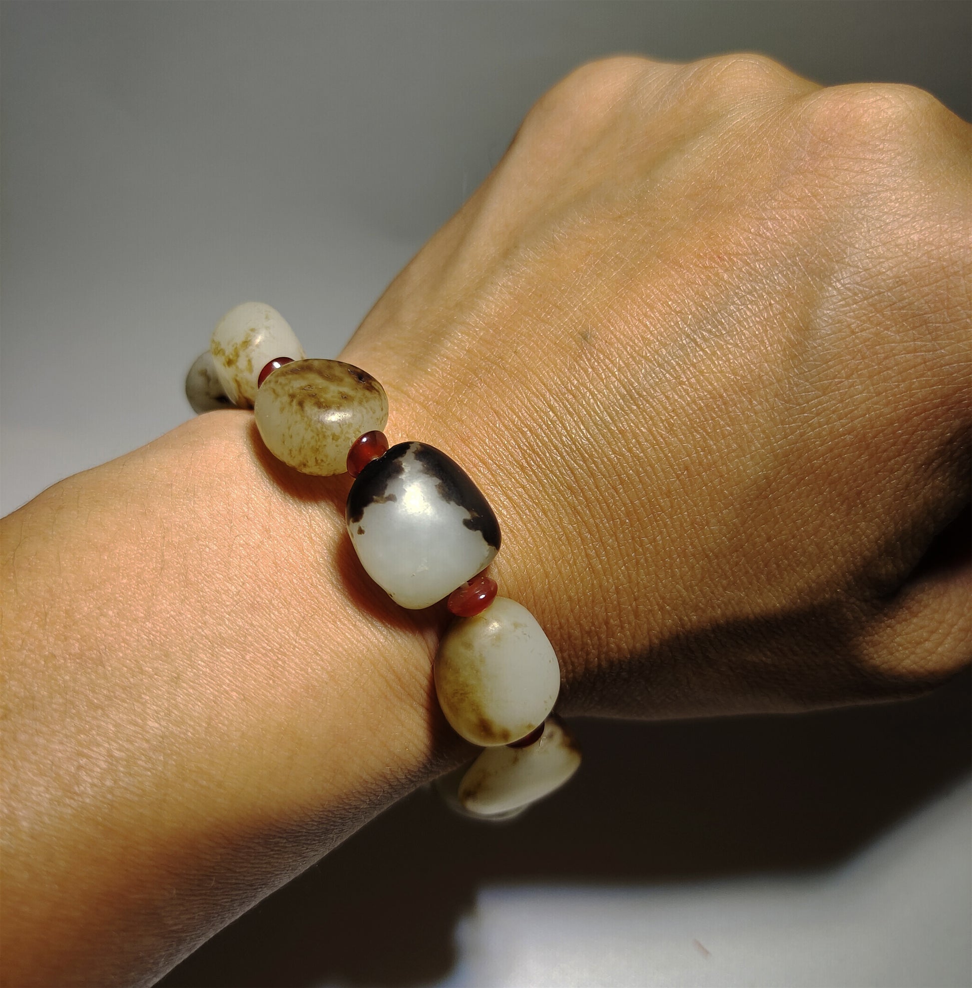 Genuine Chinese Antique White Hetian Jade Bracelet Natural Nephrite Mala Prayer Beads Real Hotan Old River Pebble