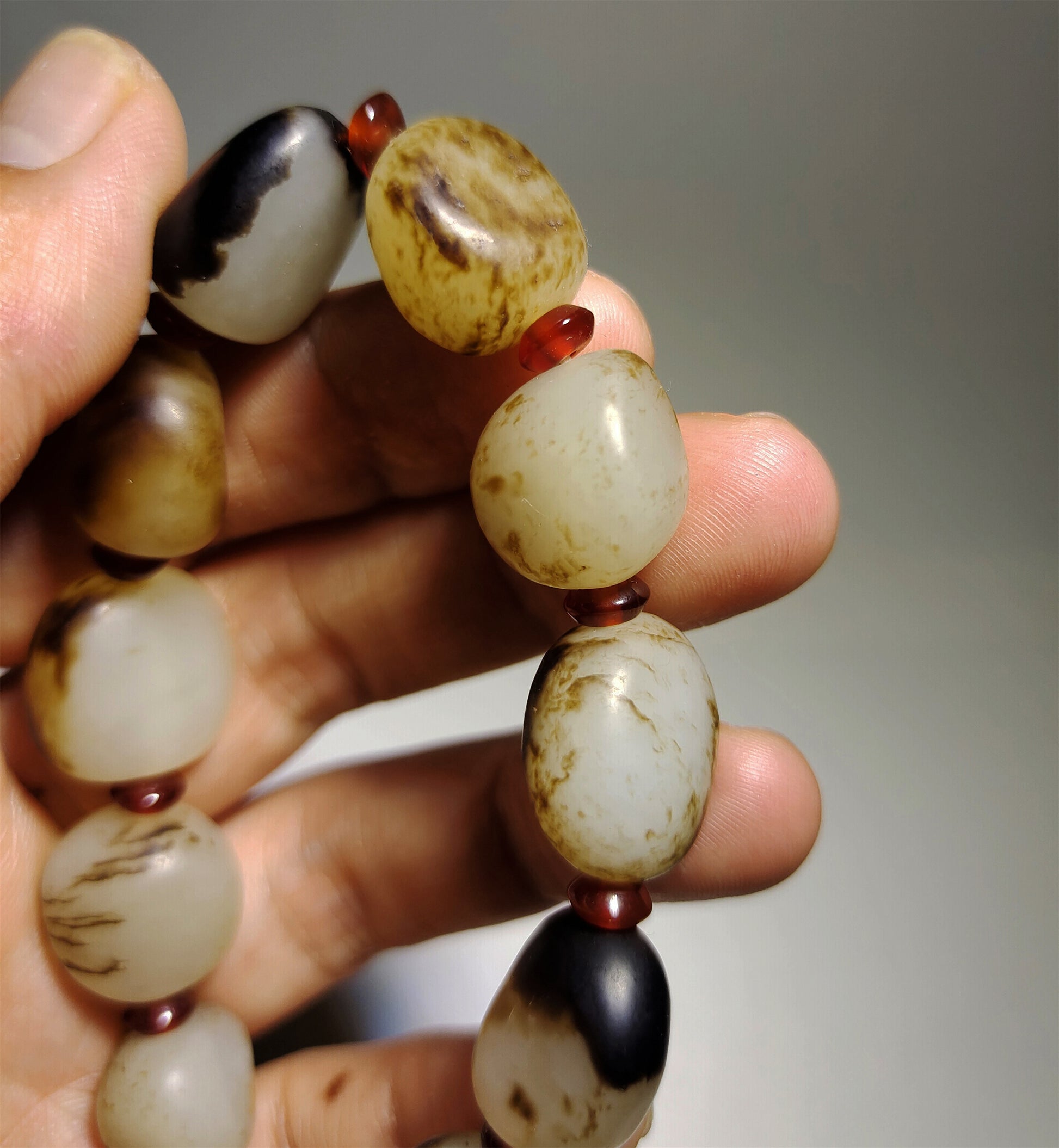 Genuine Chinese Antique White Hetian Jade Bracelet Natural Nephrite Mala Prayer Beads Real Hotan Old River Pebble