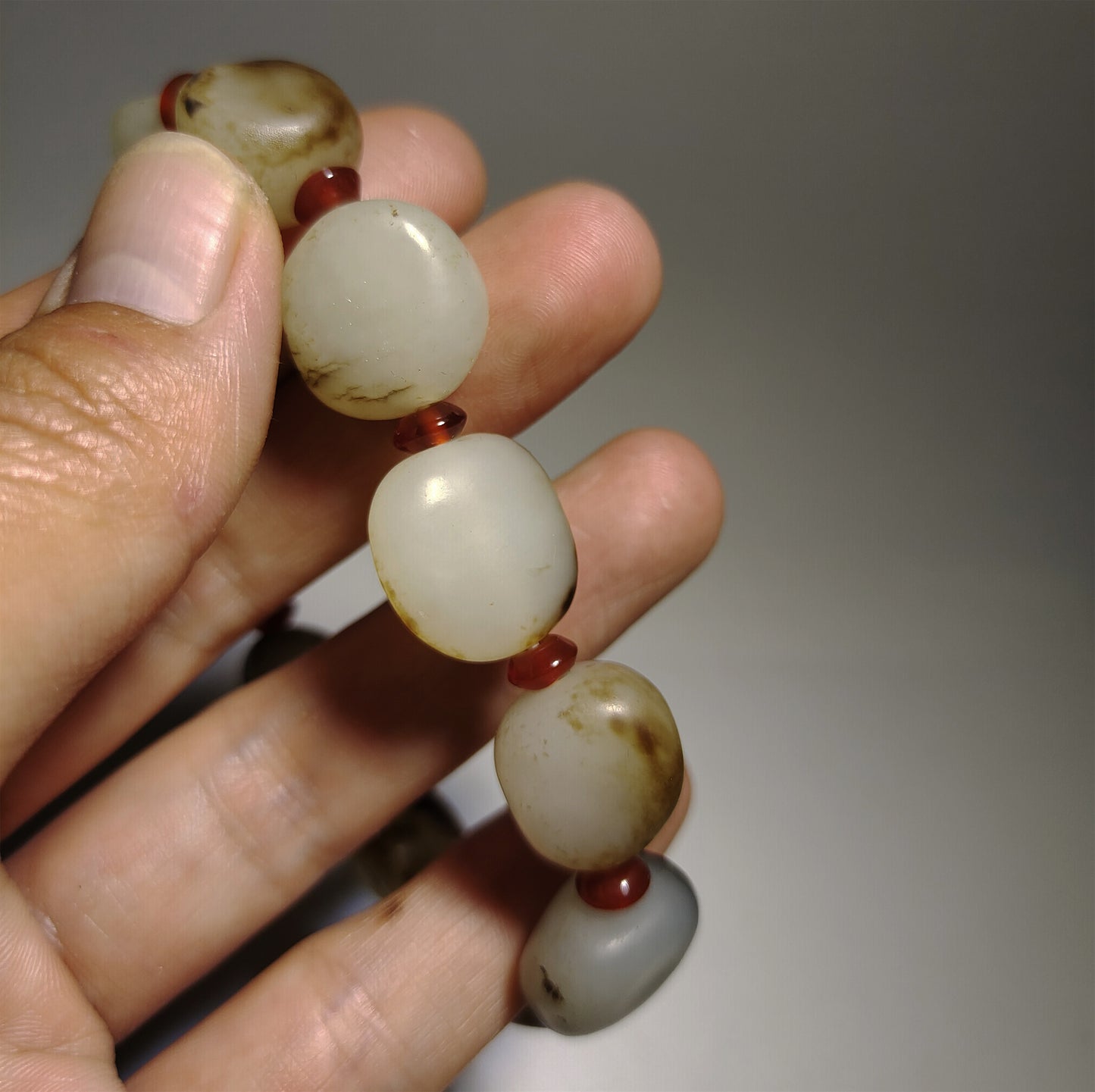 Genuine Chinese Antique White Hetian Jade Bracelet Natural Nephrite Mala Prayer Beads Real Hotan Old River Pebble