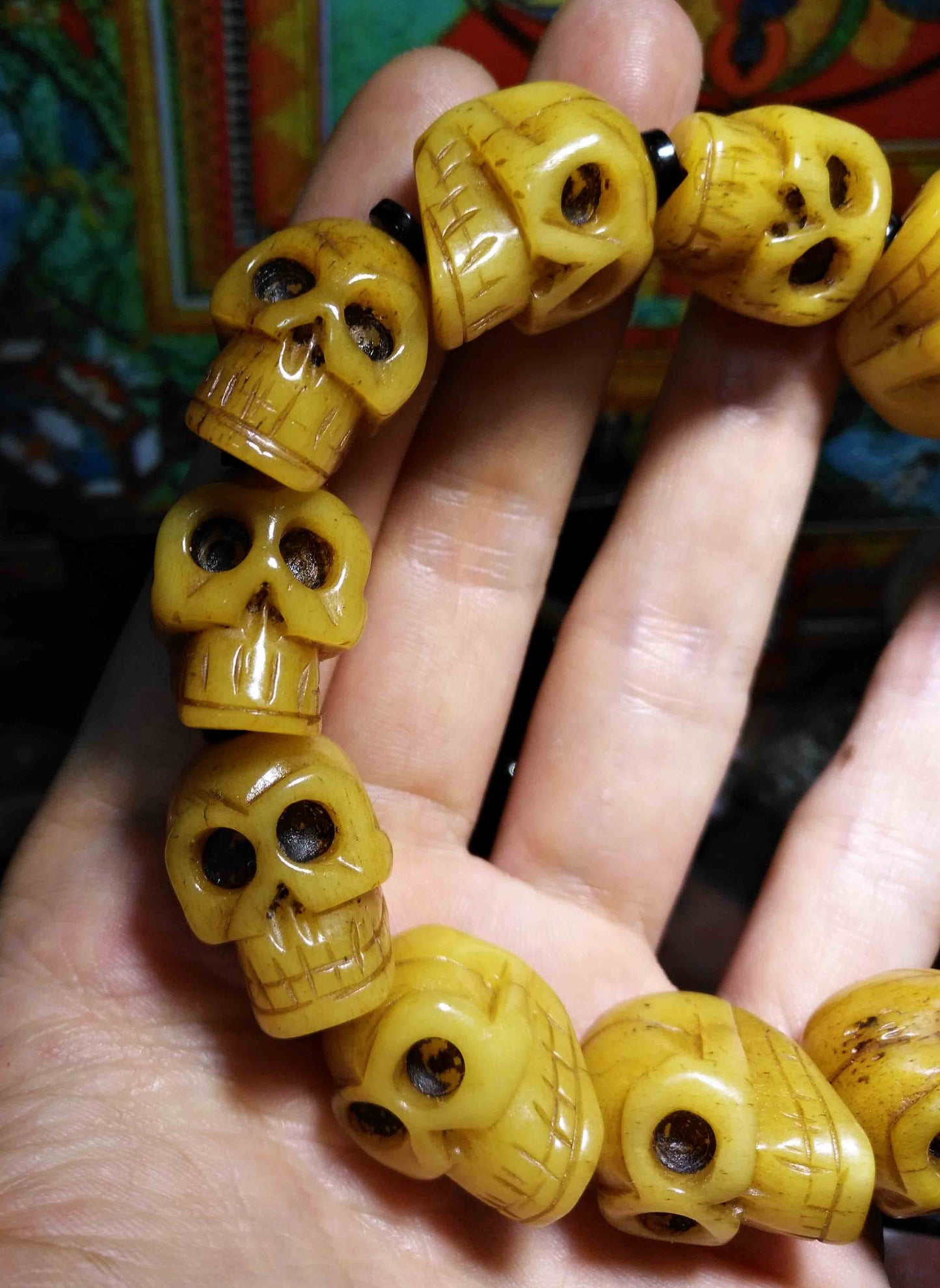 Genuine Tibetan Old Antique Skull Mala Prayer Beads Bracelet Kapala Bone Rosary Himalayan Buddhism Worry Amulet