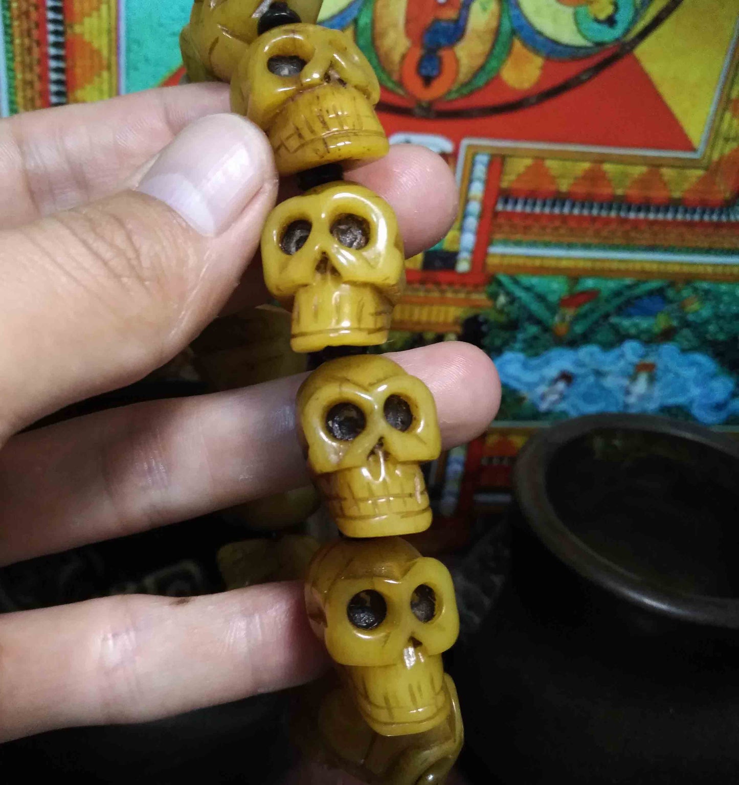 Genuine Tibetan Old Antique Skull Mala Prayer Beads Bracelet Kapala Bone Rosary Himalayan Buddhism Worry Amulet