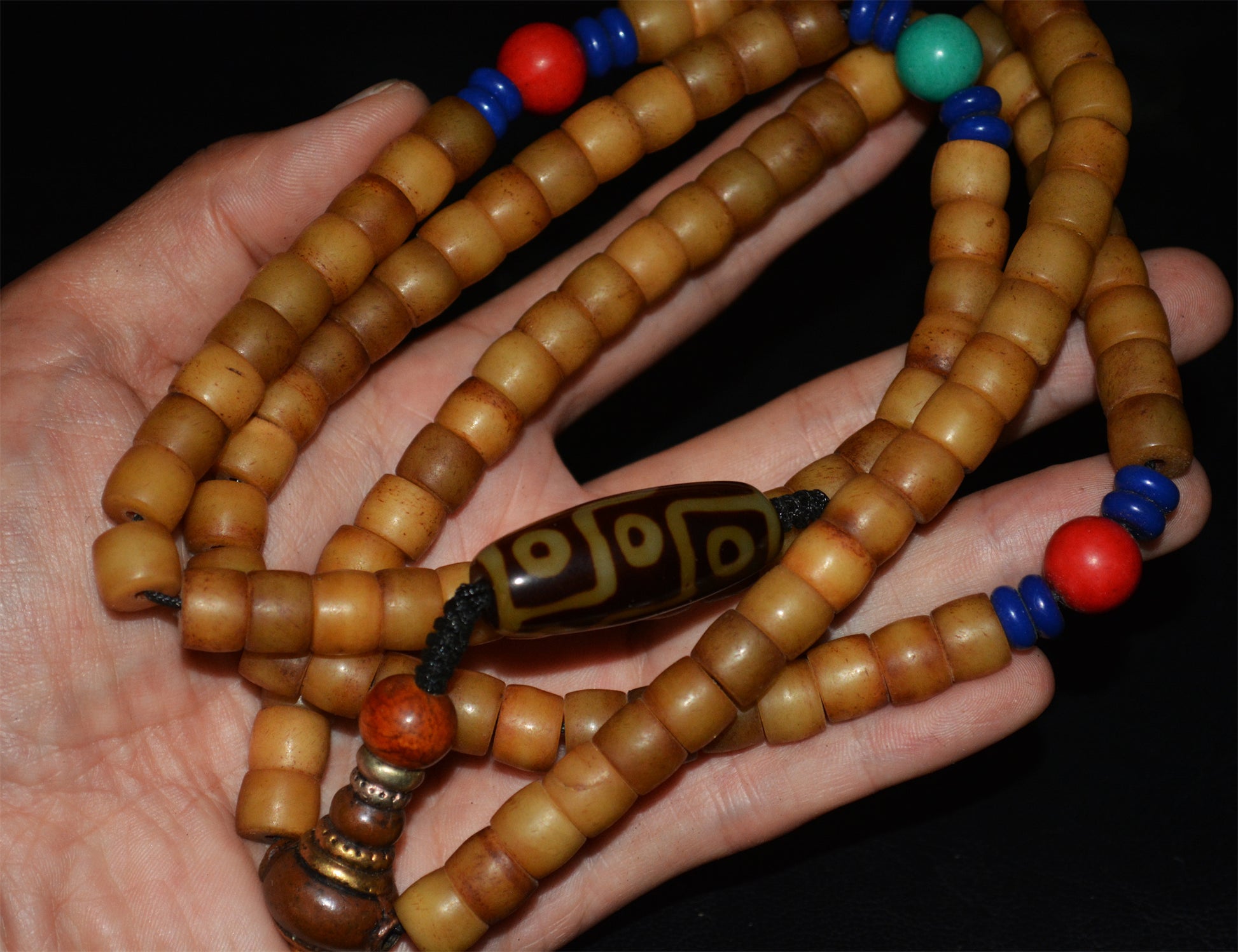 Genuine Tibetan Old Antique Yak Bone Mala Prayer Beads Bracelet Amulet 108 Himalaya Rosary Nine Eyes Dzi