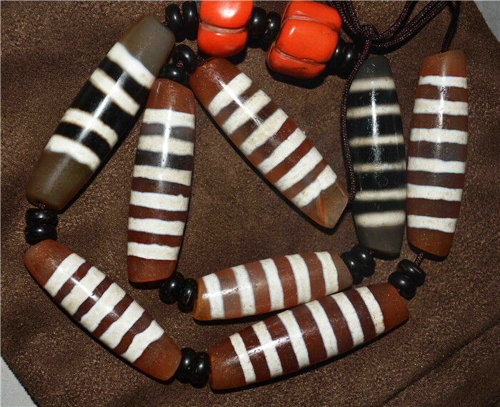 Real Ancient Tibetan Seven Six Stripes Dzi Bead Necklace Amulet Himalayan Agate Genuine Striped Gzi