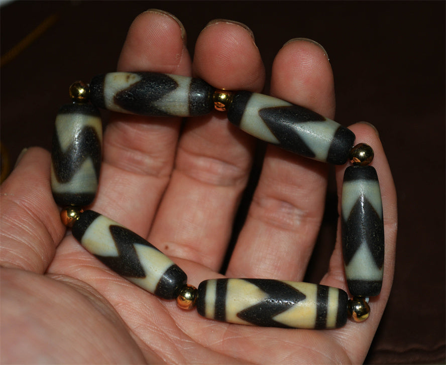 Real Ancient Tibetan Tiger Tooth Dzi Bead Bracelet Amulet Himalaya Pure Water Wave Gzi Pendant Genuine Old Antique Agate Talisman