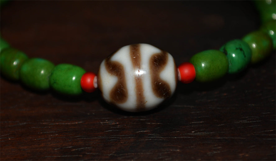 Real Ancient Tibetan Tiger Tooth Dzi Bead Amulet Bracelet Himalaya Pure Water Wave Gzi Old Antique Turquoise Agate ZigZag Talisman Mala