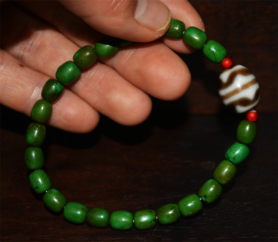 Real Ancient Tibetan Tiger Tooth Dzi Bead Amulet Bracelet Himalaya Pure Water Wave Gzi Old Antique Turquoise Agate ZigZag Talisman Mala