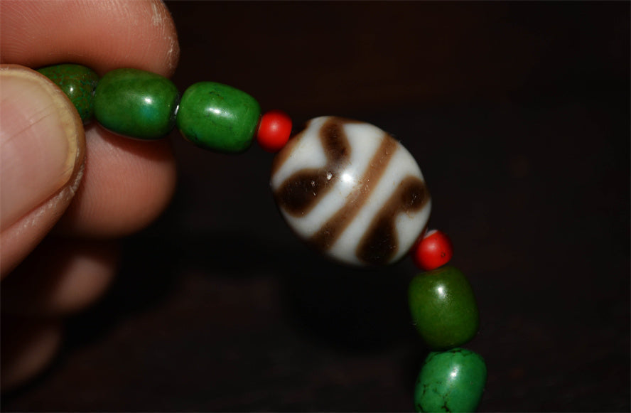 Real Ancient Tibetan Tiger Tooth Dzi Bead Amulet Bracelet Himalaya Pure Water Wave Gzi Old Antique Turquoise Agate ZigZag Talisman Mala