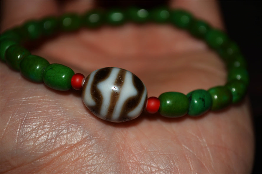 Real Ancient Tibetan Tiger Tooth Dzi Bead Amulet Bracelet Himalaya Pure Water Wave Gzi Old Antique Turquoise Agate ZigZag Talisman Mala