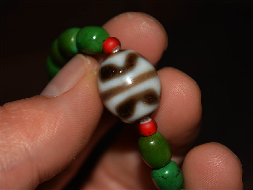 Real Ancient Tibetan Tiger Tooth Dzi Bead Amulet Bracelet Himalaya Pure Water Wave Gzi Old Antique Turquoise Agate ZigZag Talisman Mala