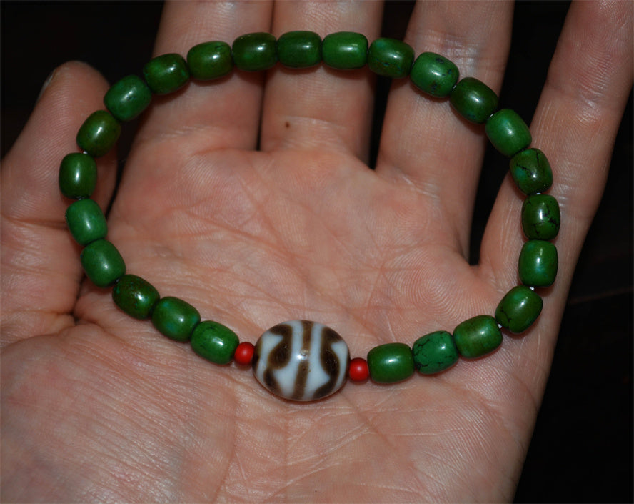 Real Ancient Tibetan Tiger Tooth Dzi Bead Amulet Bracelet Himalaya Pure Water Wave Gzi Old Antique Turquoise Agate ZigZag Talisman Mala