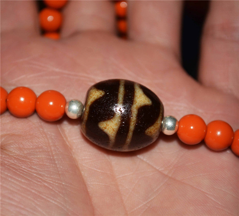 Real Ancient Tibetan Tiger Tooth Dzi Bead Amulet Necklace Pema Raka Agate Water Wave Himalaya Genuine Zigzag Gzi Pendant