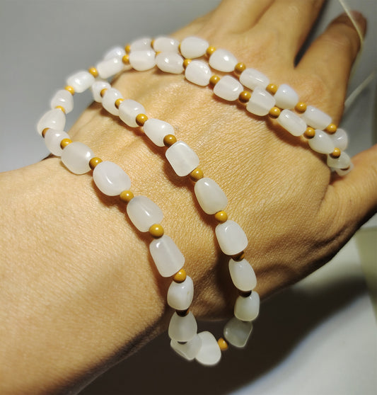 Real Chinese Antique White Hetian Jade Necklace Bracelet Nephrite Hotan Mala Prayer Beads Old Natural River Pebble Mutton Fat rosary