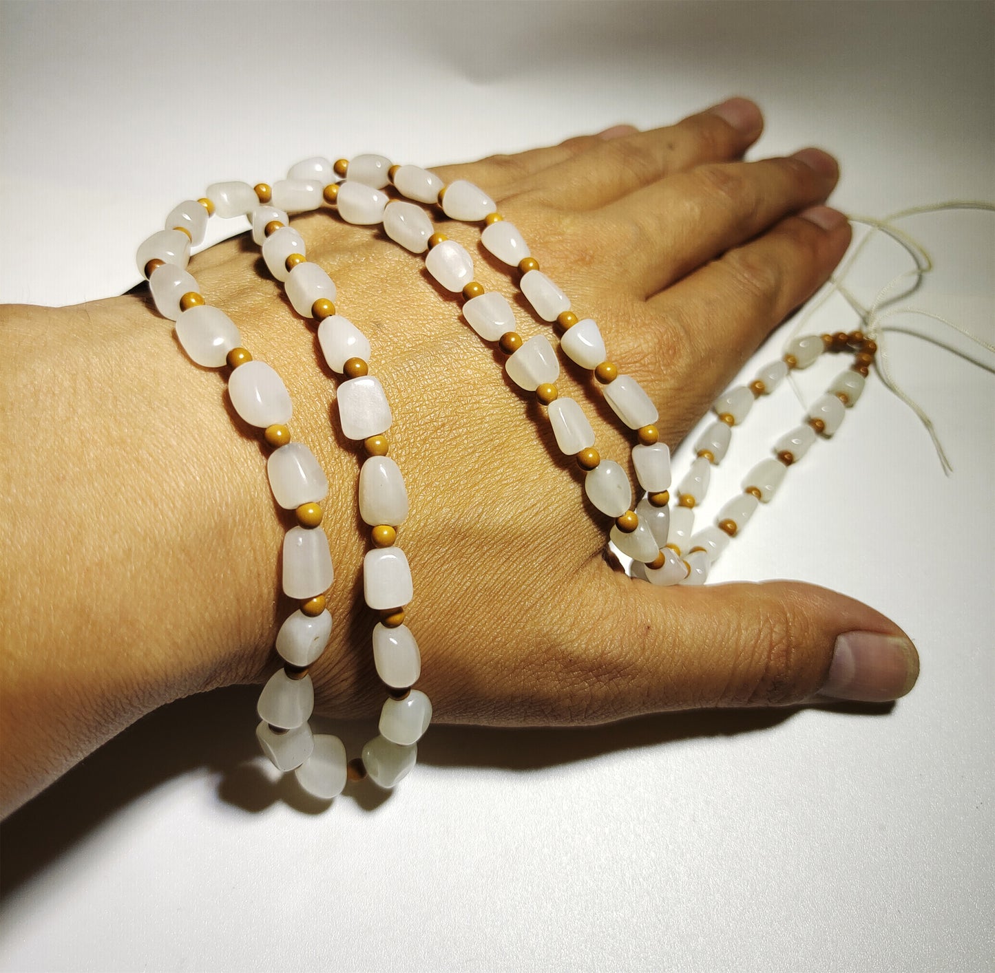 Real Chinese Antique White Hetian Jade Necklace Bracelet Nephrite Hotan Mala Prayer Beads Old Natural River Pebble Mutton Fat rosary