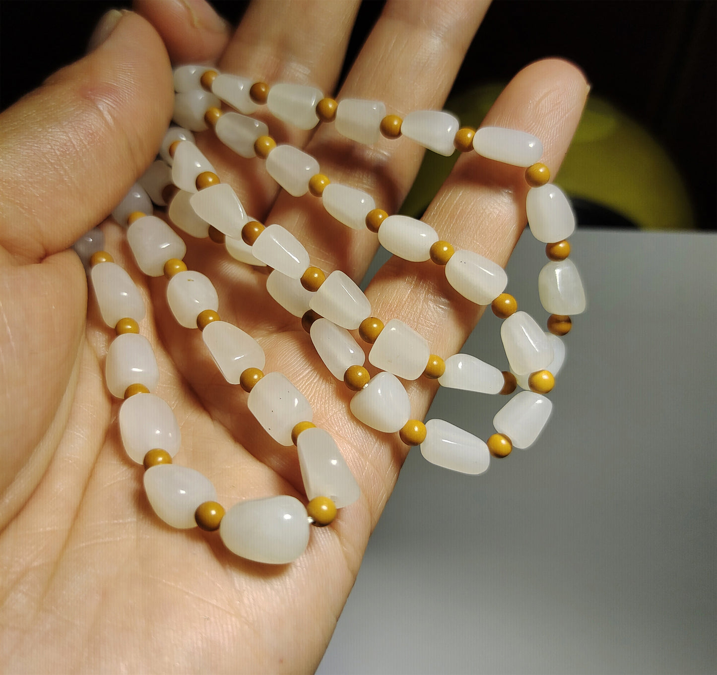 Real Chinese Antique White Hetian Jade Necklace Bracelet Nephrite Hotan Mala Prayer Beads Old Natural River Pebble Mutton Fat rosary