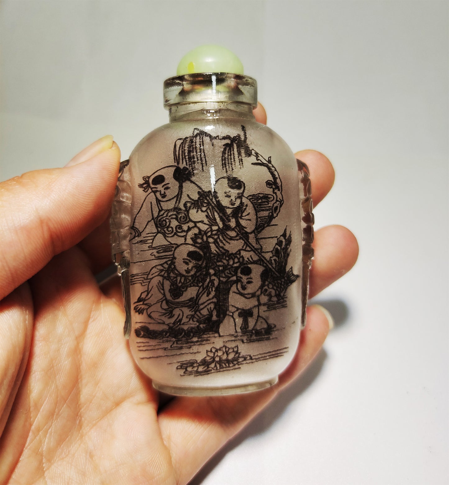 Real Chinese Old Antique Peking Glass Snuff Bottle Inside Painted Hand Oriental Collectable Kids Happy Children