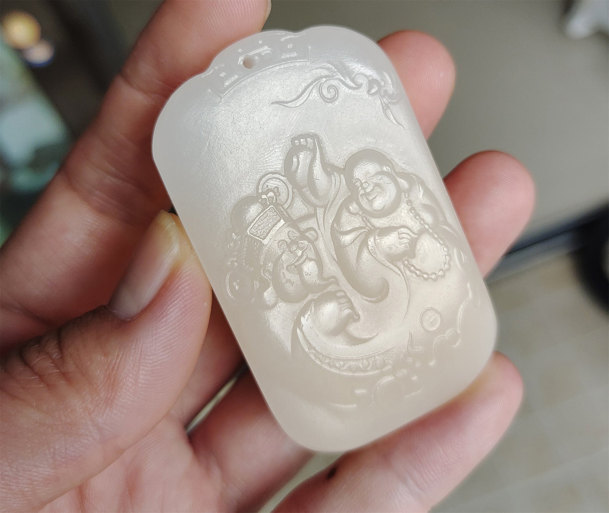 Real Chinese Old Antique White Hetian Jade Happy smile Buddha Pendant Nephrite Hotan God of wealth Genuine River Pebble Mutton Fat  Authentic natural