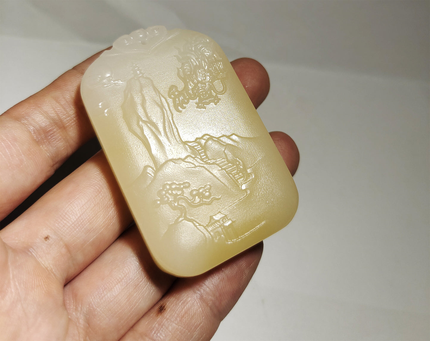Real Chinese Old Antique White Hetian Jade Landscape Pendant Nephrite Hotan Hill Mountain Tree Bridge Temple hut Dragon Genuine River Pebble Mutton Fat  Authentic natural