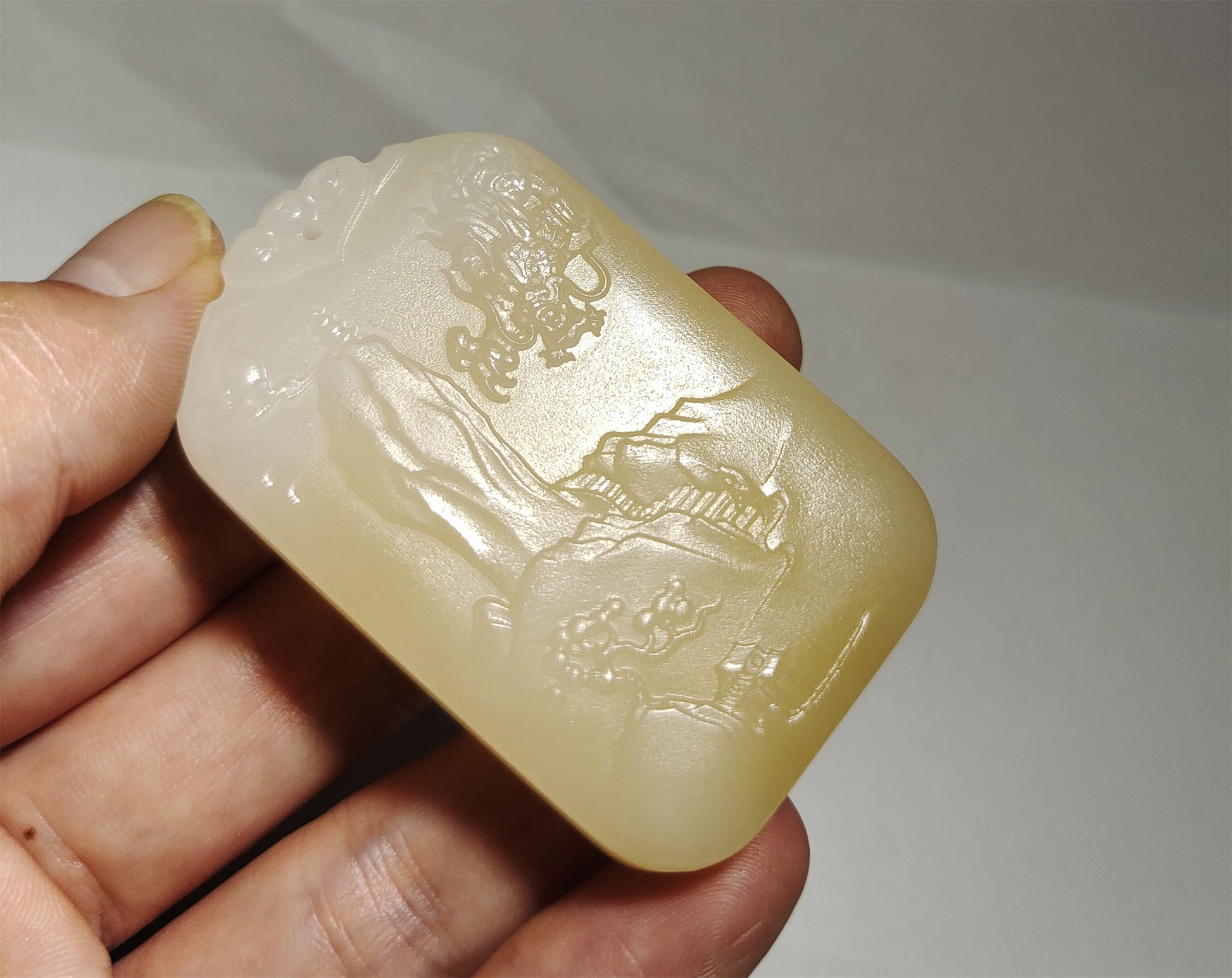 Real Chinese Old Antique White Hetian Jade Landscape Pendant Nephrite Hotan Hill Mountain Tree Bridge Temple hut Dragon Genuine River Pebble Mutton Fat  Authentic natural