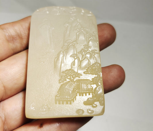 Real Chinese Old Antique White Hetian Jade Landscape Pendant Nephrite Hotan Hill Mountain Tree Elder Bridge Temple Bird hut boat Genuine River Pebble Mutton Fat  Authentic natural