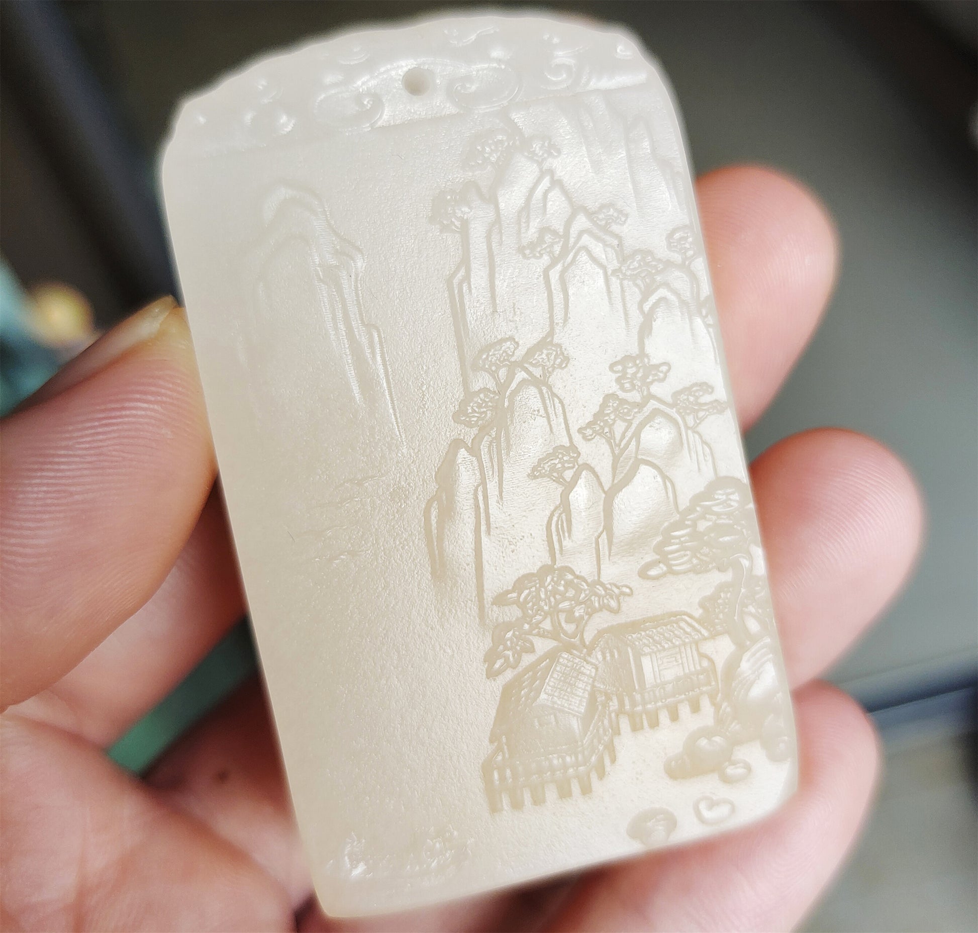 Real Chinese Old Antique White Hetian Jade Landscape Pendant Nephrite Hotan Hill Mountain Tree Elder Bridge Temple Bird hut boat Genuine River Pebble Mutton Fat Authentic natural