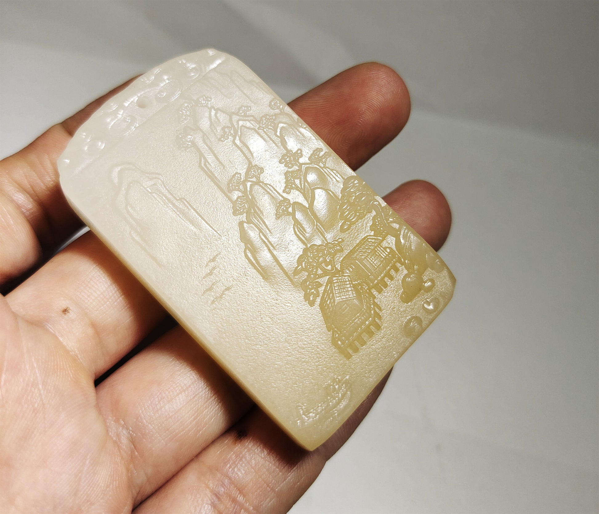 Real Chinese Old Antique White Hetian Jade Landscape Pendant Nephrite Hotan Hill Mountain Tree Elder Bridge Temple Bird hut boat Genuine River Pebble Mutton Fat  Authentic natural