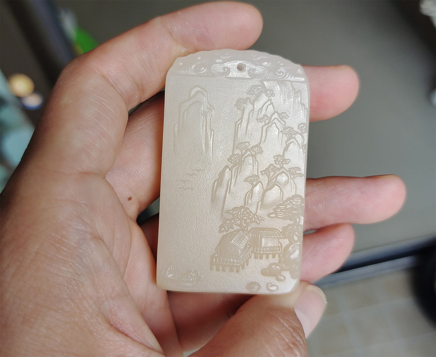 Real Chinese Old Antique White Hetian Jade Landscape Pendant Nephrite Hotan Hill Mountain Tree Elder Bridge Temple Bird hut boat Genuine River Pebble Mutton Fat Authentic natural