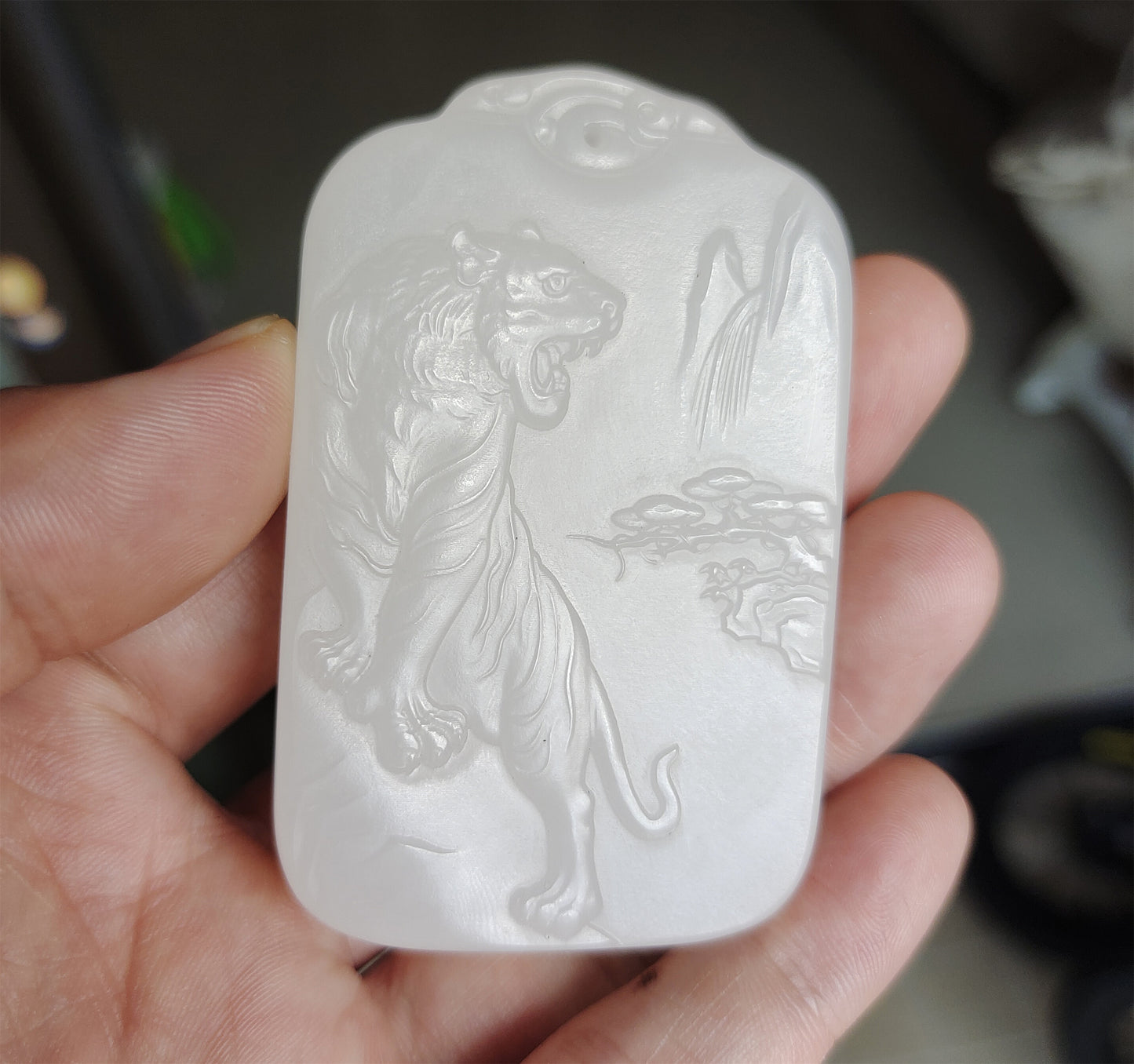 Real Chinese Old Antique White Hetian Jade Tiger Landscape Pendant Nephrite Hotan Genuine River Pebble Mutton Fat Authentic natural