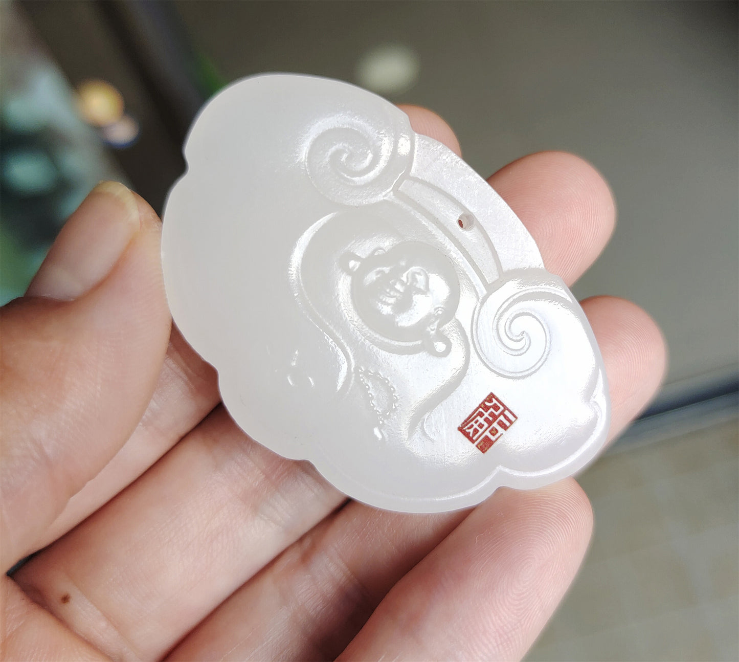 Real Chinese Old Antique White Hetian Jade happy smile Buddha Pendant Nephrite Hotan ruyi bat Genuine River Pebble Mutton Fat Maitreya Authentic natural