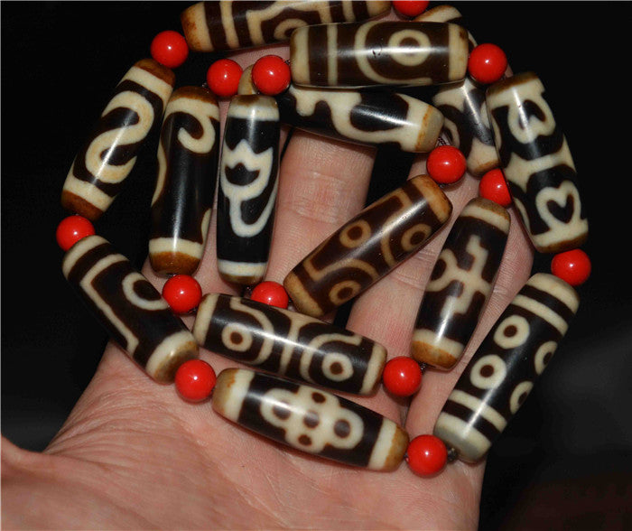 Real Himalaya Old Two Eyes Dzi Bead Amulet Six Five Eight Three Lotus Ruyi Tibet Agate Pure Gzi Old Antique Talisman