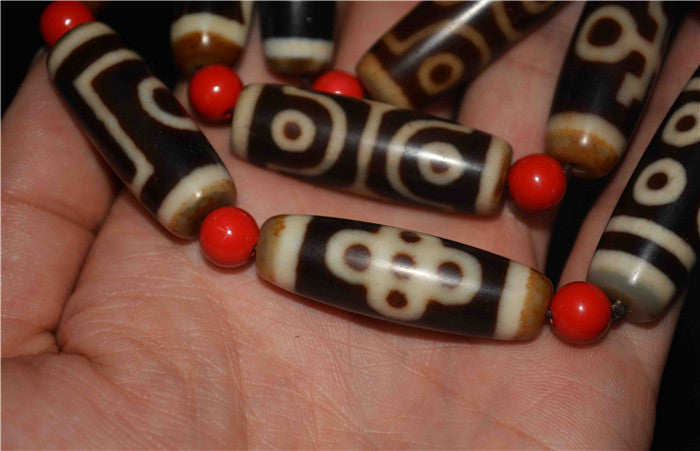 Real Himalaya Old Two Eyes Dzi Bead Amulet Six Five Eight Three Lotus Ruyi Tibet Agate Pure Gzi Old Antique Talisman