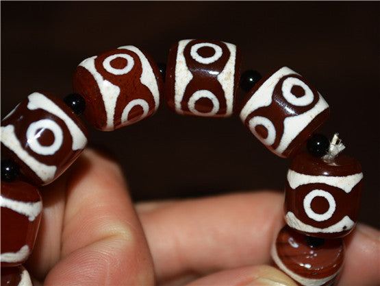 Real Himalayan Old Antique Three Eyes Dzi Bead Bracelet Mala Amulet Tibet Agate 3 Eyed Gzi Talisman