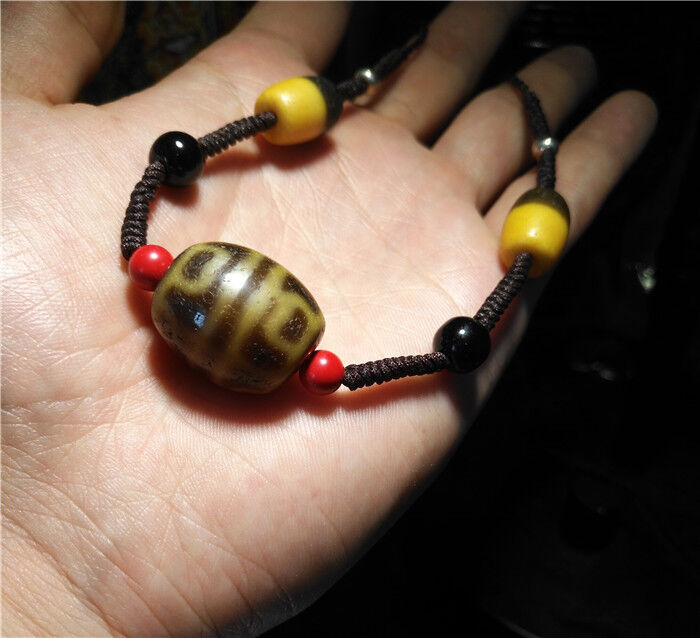 Real Old Ancient Himalayan Lotus Dzi Bead Amulet Bracelet Tibetan Pure Gzi Six Eyes Genuine Antique Agate Talisman