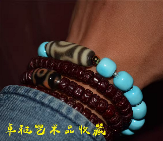 Real Tibetan Ancient Two Eyes Dzi Bead Turquoise Bracelet Himalayan Amulet Pure Gzi Old Antique Agate Talisman Mala