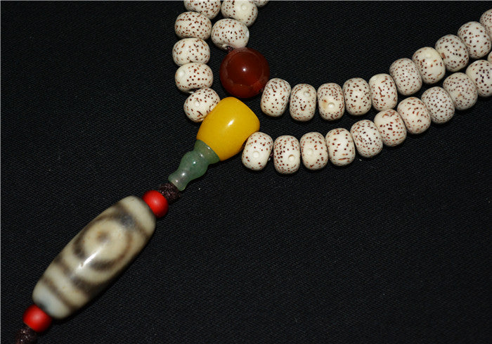 Real Tibetan Lotus Bodhi Seeds Mala Prayer Beads Bracelet Two Eyes Dzi Bead Old Ancient 108 Rosary Himalayan