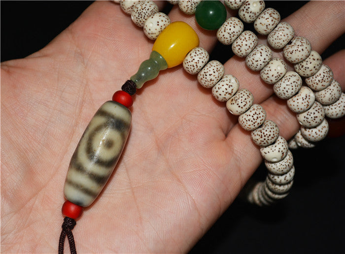 Real Tibetan Lotus Bodhi Seeds Mala Prayer Beads Bracelet Two Eyes Dzi Bead Old Ancient 108 Rosary Himalayan