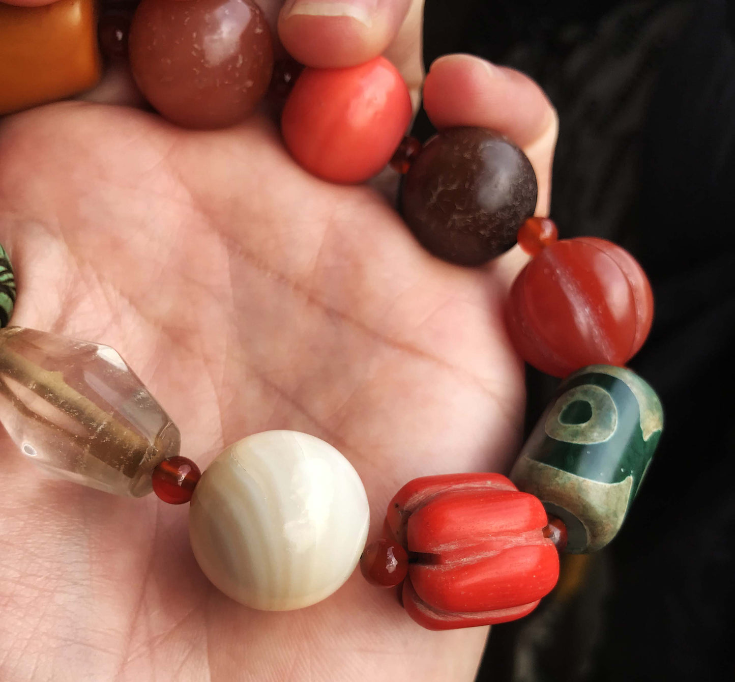 Real Tibetan Old Ancient Red Coral Bracelet Crystal Turquoise Amber Baltic Pema Raka Nanhong Agate Three Eyes Dzi Bead Mala Prayer Beads