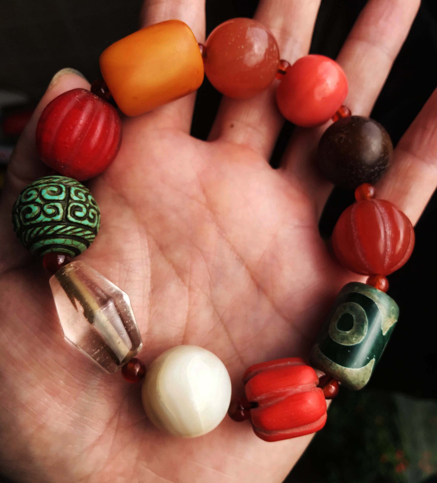 Real Tibetan Old Ancient Red Coral Bracelet Crystal Turquoise Amber Baltic Pema Raka Nanhong Agate Three Eyes Dzi Bead Mala Prayer Beads