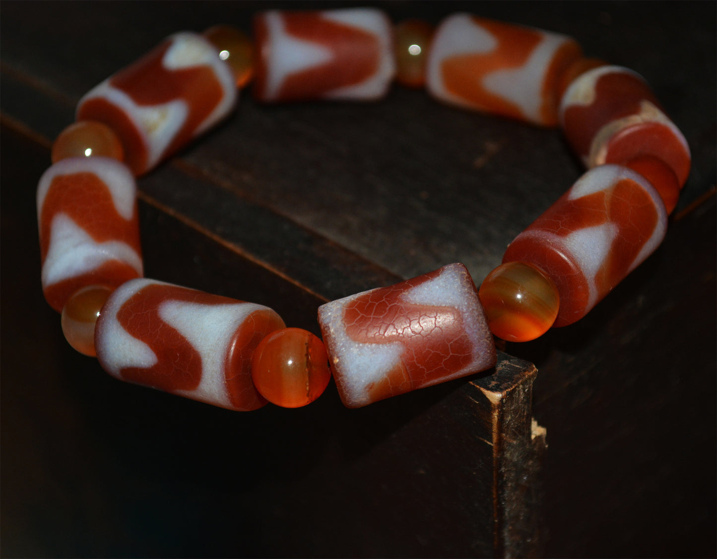 Real Tibetan Old Ancient Tiger Tooth Dzi Bead Mala Bracelet Amulet Prayer Himalayas Zigzag Water Wave Pure Gzi Talisman