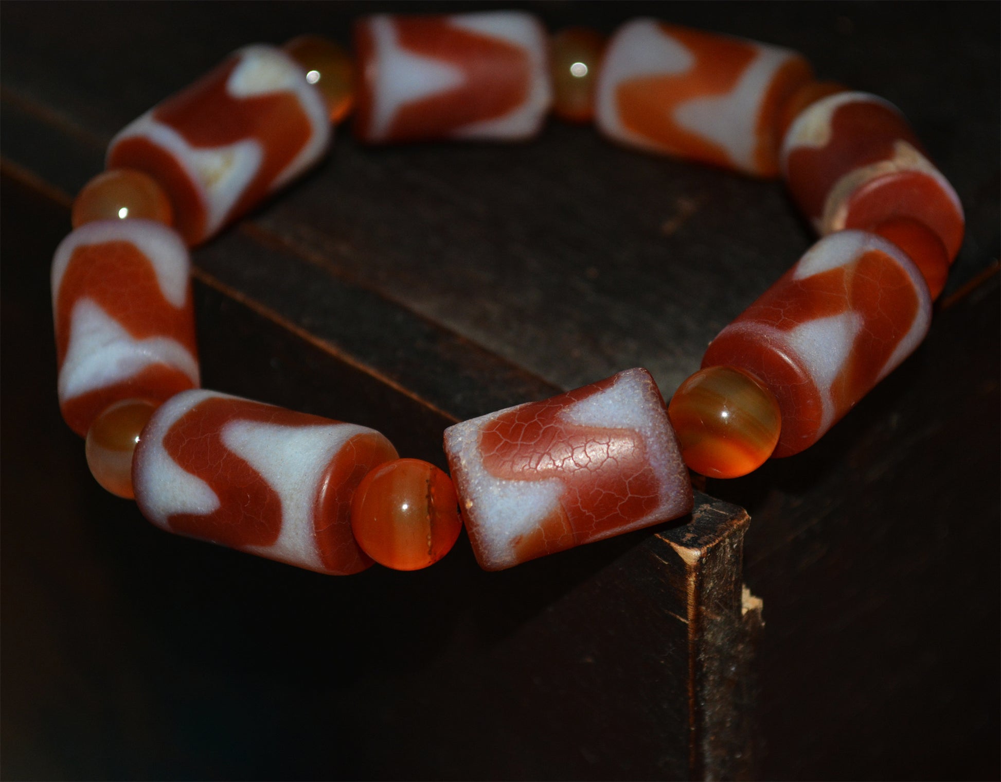 Real Tibetan Old Ancient Tiger Tooth Dzi Bead Mala Bracelet Amulet Prayer Himalayas Zigzag Water Wave Pure Gzi Talisman