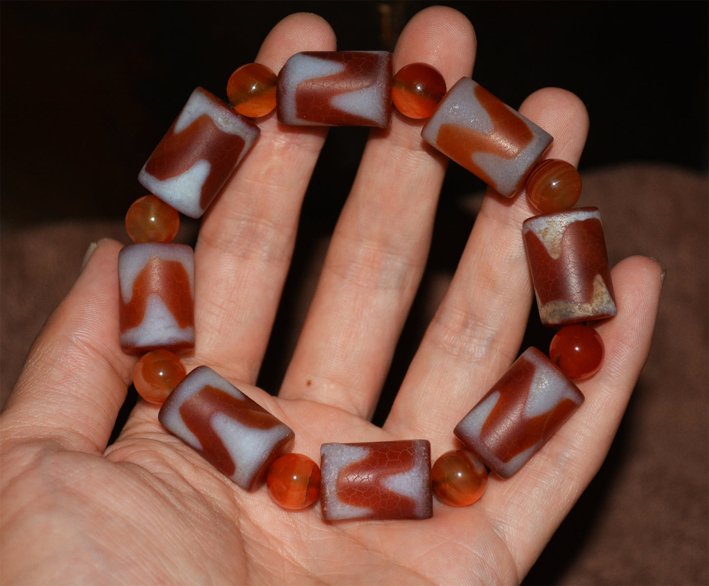 Real Tibetan Old Ancient Tiger Tooth Dzi Bead Mala Bracelet Amulet Prayer Himalayas Zigzag Water Wave Pure Gzi Talisman