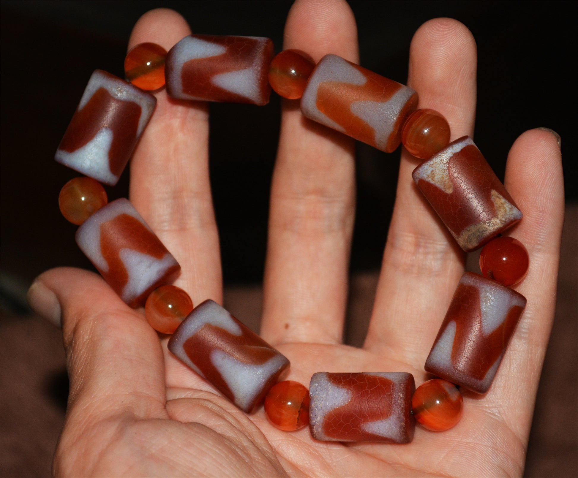 Real Tibetan Old Ancient Tiger Tooth Dzi Bead Mala Bracelet Amulet Prayer Himalayas Zigzag Water Wave Pure Gzi Talisman