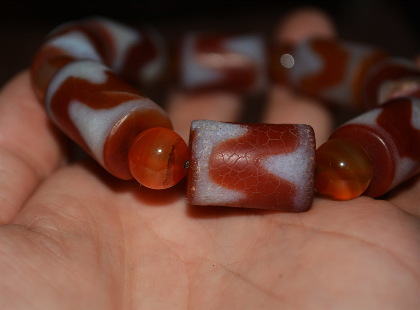 Real Tibetan Old Ancient Tiger Tooth Dzi Bead Mala Bracelet Amulet Prayer Himalayas Zigzag Water Wave Pure Gzi Talisman