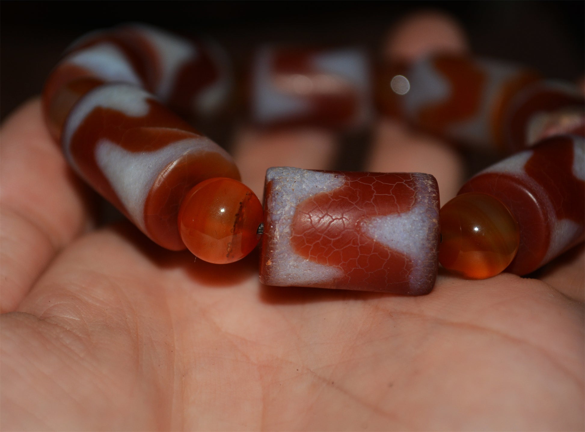 Real Tibetan Old Ancient Tiger Tooth Dzi Bead Mala Bracelet Amulet Prayer Himalayas Zigzag Water Wave Pure Gzi Talisman