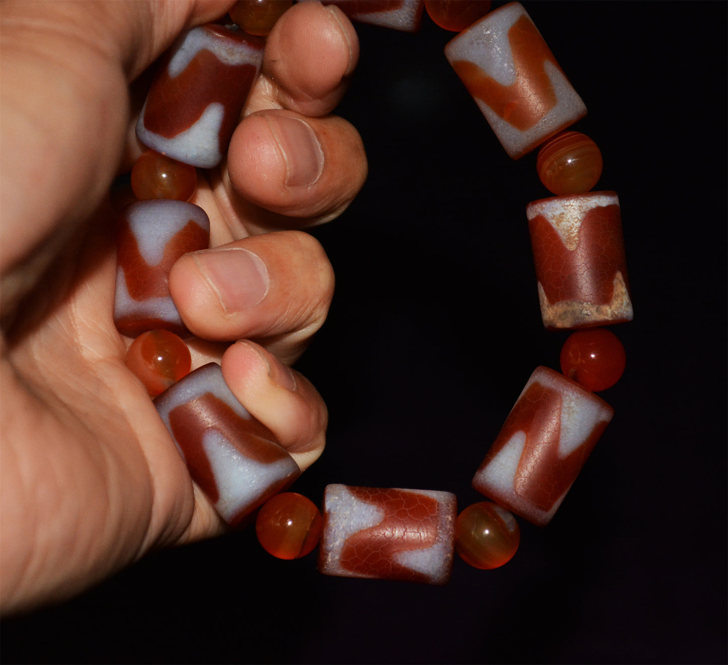 Real Tibetan Old Ancient Tiger Tooth Dzi Bead Mala Bracelet Amulet Prayer Himalayas Zigzag Water Wave Pure Gzi Talisman