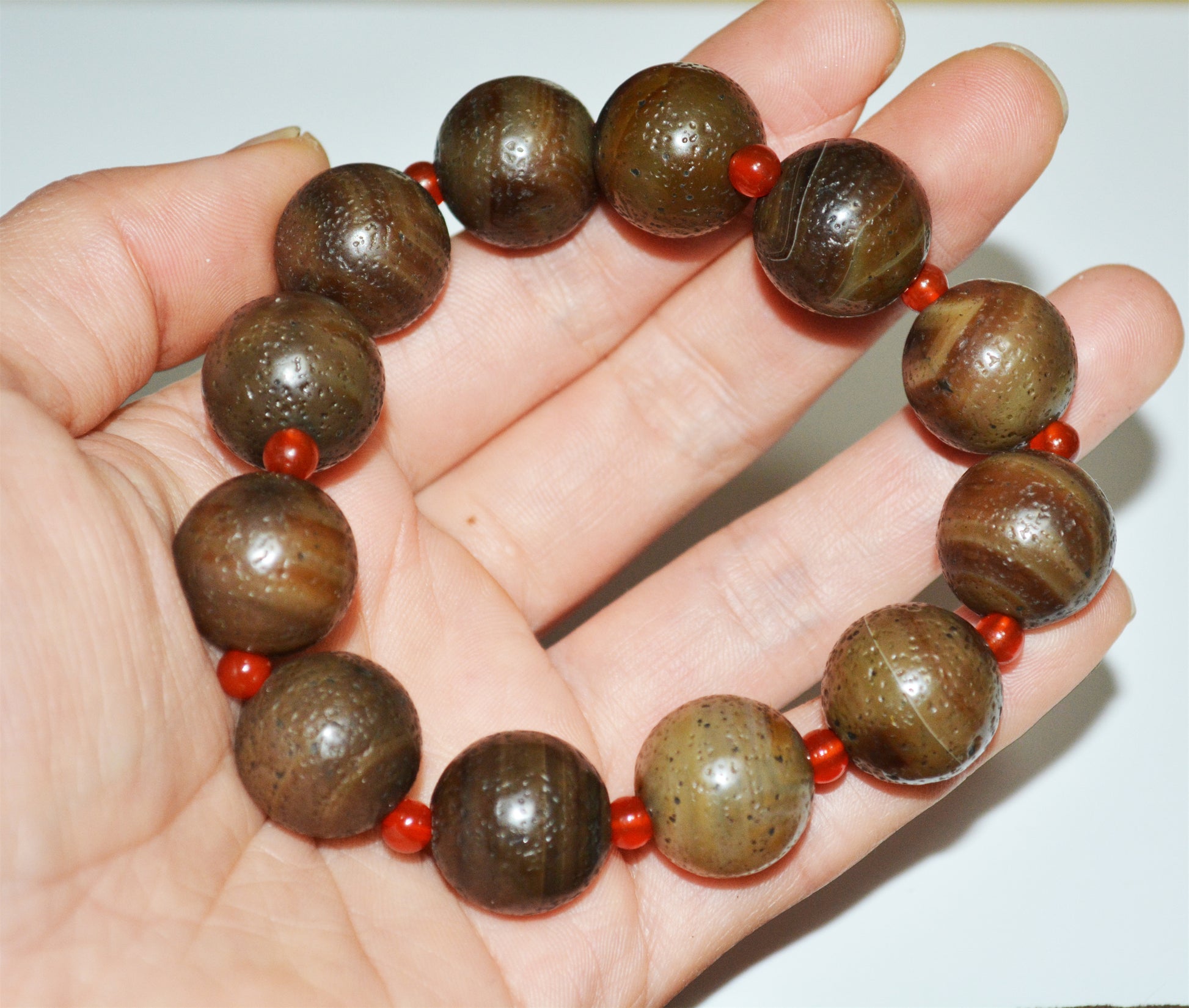 Real Tibetan Old Ancient Agate Bracelet Mala Prayer Beads Antique Carnelian Rosary Himalaya Genuine Worry Amulet