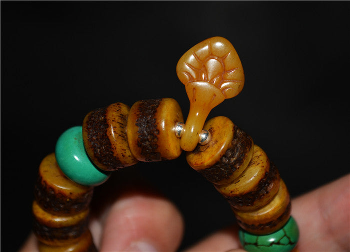 Real Tibetan Old Antique Kapala Bone Mala Prayer Beads Bracelet Rosary Himalayas Buddhism Worry Turquoise Amulet