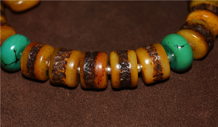 Real Tibetan Old Antique Kapala Bone Mala Prayer Beads Bracelet Rosary Himalayas Buddhism Worry Turquoise Amulet