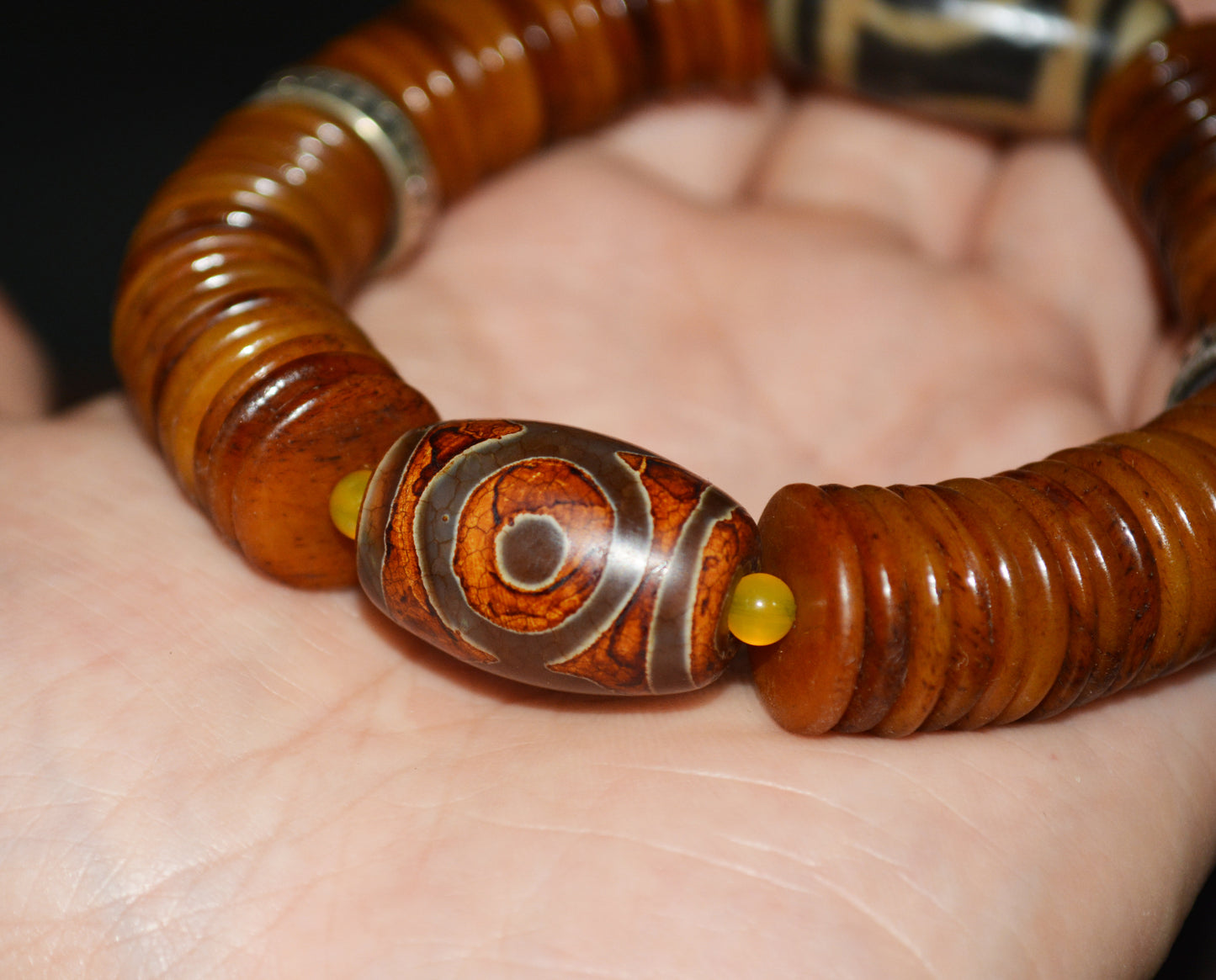 Real Tibetan Old Antique Kapala Bone Mala Prayer Beads Bracelet Rosary Himalayas Three Two Eyes Dzi Buddhism Worry Amulet